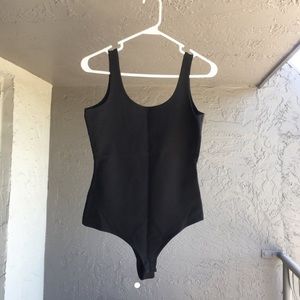Black Solid Shinestar Ponte Bodysuit Wide Strap